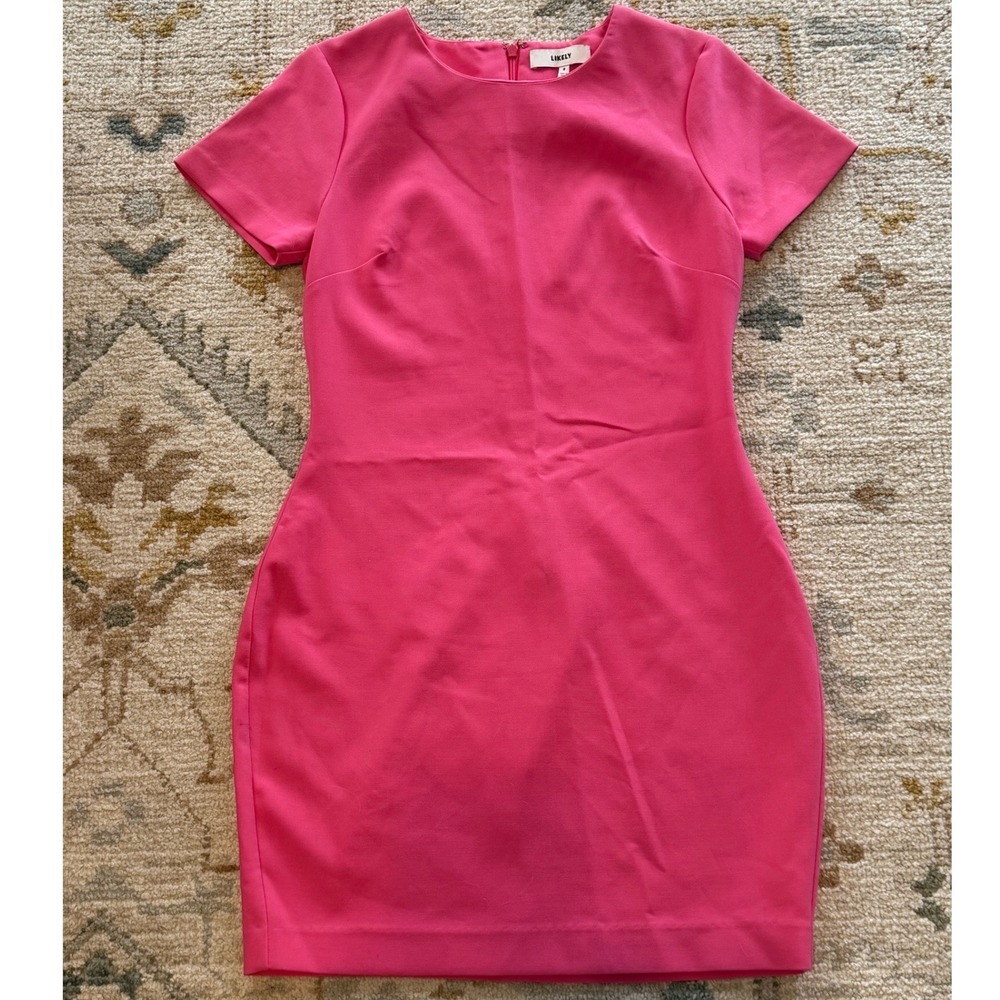 Likely Hot Pink Short Sleeve Mini Sheath Dress Womens Size 8 Crew Neck Cocktail